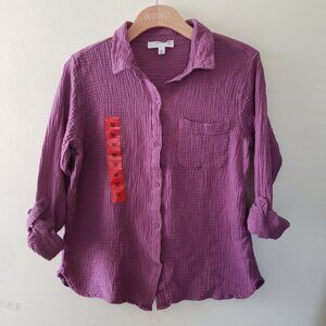 Anne Klein Women's Gauze Button down Blouse, Rolled Cuffs, Cotton purple, M